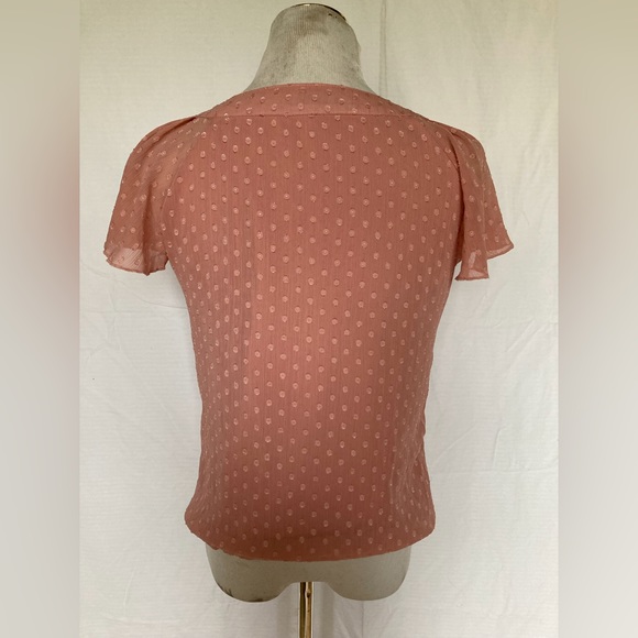 Sara Michelle polkadot mesh rusty pink cute drawstring blouse - Picture 3 of 5